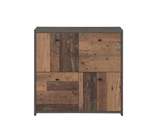 Forte Cassettiera a 4 Ante in Combinazione di Colori alla Moda in Legno Vintage Combinato con Effetto Cemento Materiale a Base 772 cm x 775 cm x 296 cm