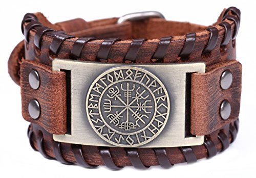 Lemegeton Bracciale largo da uomo con rune nordiche, in pelle, stile vintage, vichingo e Lega, colore: Marrone e bronzo anticato., cod. B07FJ62VS8_US